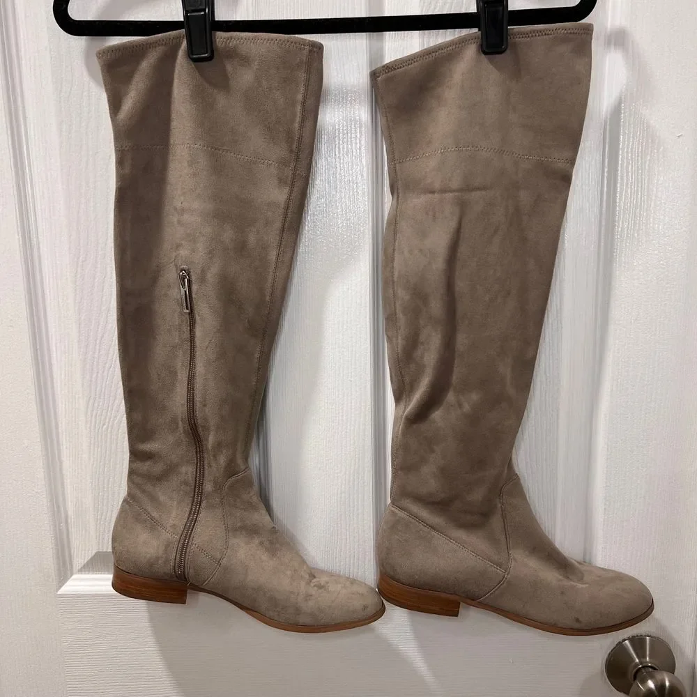 Calvin Klein Taupe Microfiber‎ Over-the-Knee Boots Side Zip Flat Heel-8.5